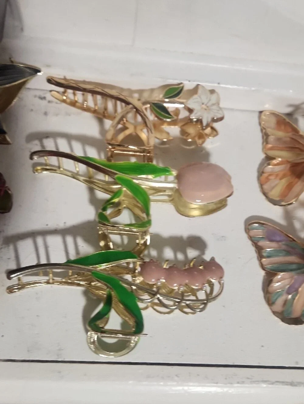 8 Gold Floral and Butterfly Hair Clip Set with Pink, Green, Yellow Accents